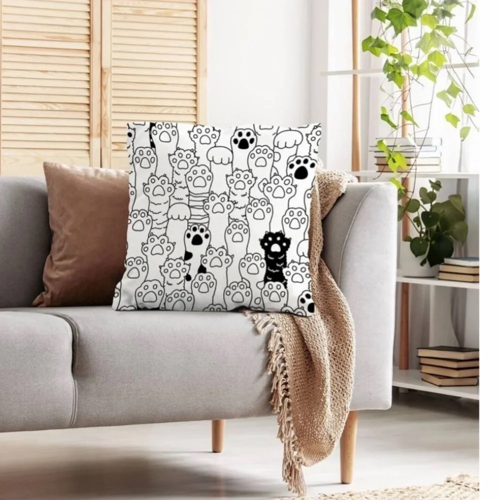 Pillow Cover Cat Paw Print Zip Closure Deco Large Black White Square 17.7 inch